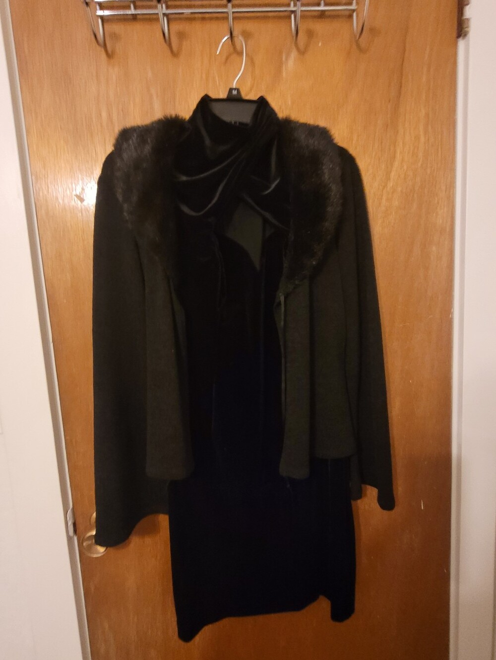 Vintage 90's/Y2K Nightway Collections Black Velvet Cockta Dress w/ Faux Fur Coat